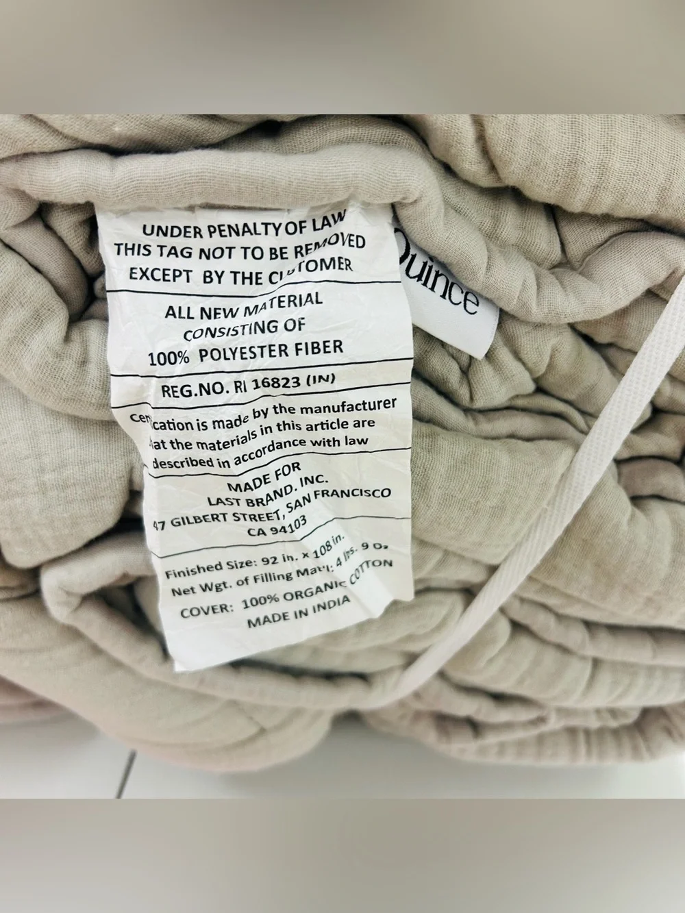 NWT QUINCE Organic Airy Gauze Dream Quilt King/Cal King Fog Grey 8375